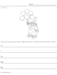 Clown Acrostic Poem Worksheet